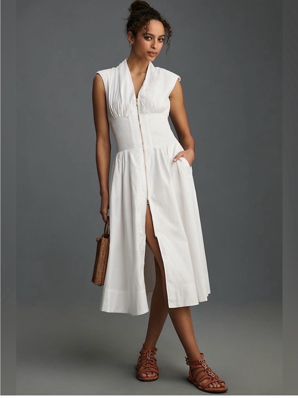 Anthropologie White Smocked-Waist Zip-Front Midi Dress